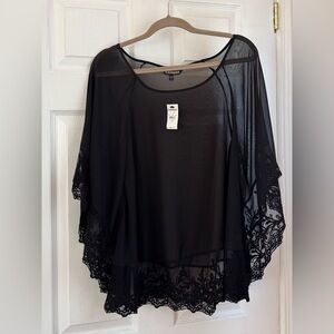 Express Black Sheer Lace-Trim Poncho Blouse